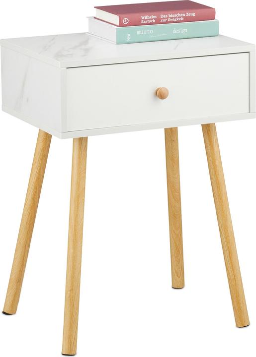 Relaxdays Nachttisch Marmoroptik & Holzbeine (40 x 32 x 55 cm)