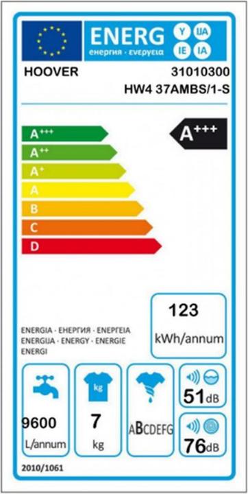 Energie-Label Hoover HW4 37AMBS/1-S (7 kg, Links, EU-Stecker)