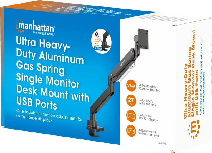 Produktbild Manhattan Tischhalterung mit USB-Ports und Gasdruckfeder mit extrem hoher Traglast für einen Monitor, Aluminiu (Tisch, 57")