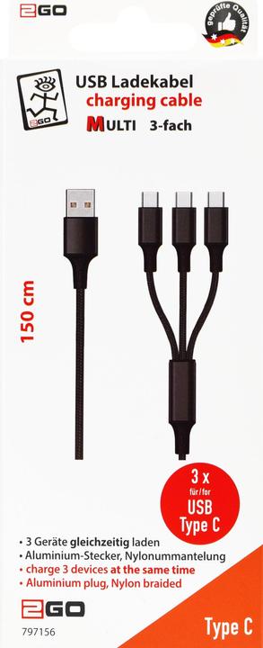 Actual product image 2GO 797156 USB cable USB B 3x USB C (1.50 m)
