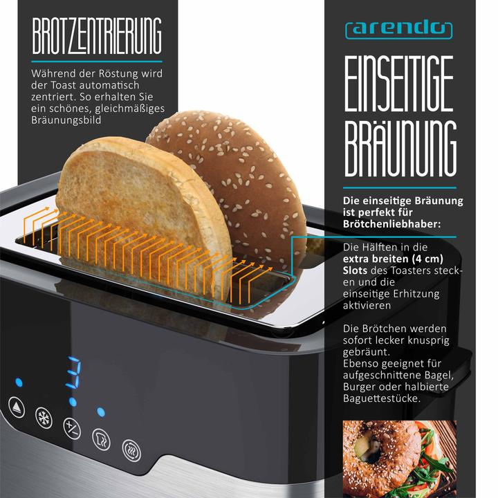 Produktbild Arendo Toaster für 2 Scheiben, breite Schlitze, 920 W, Doppelwand, Brötchenaufsatz, Krümelschublade
