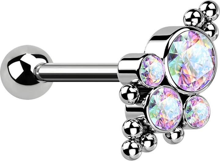 Star Piercing Micro Barbell Innengewinde silber mit Kugel und Kugeln vier Kristalle multicolor (Titan G23, ohne Messing)