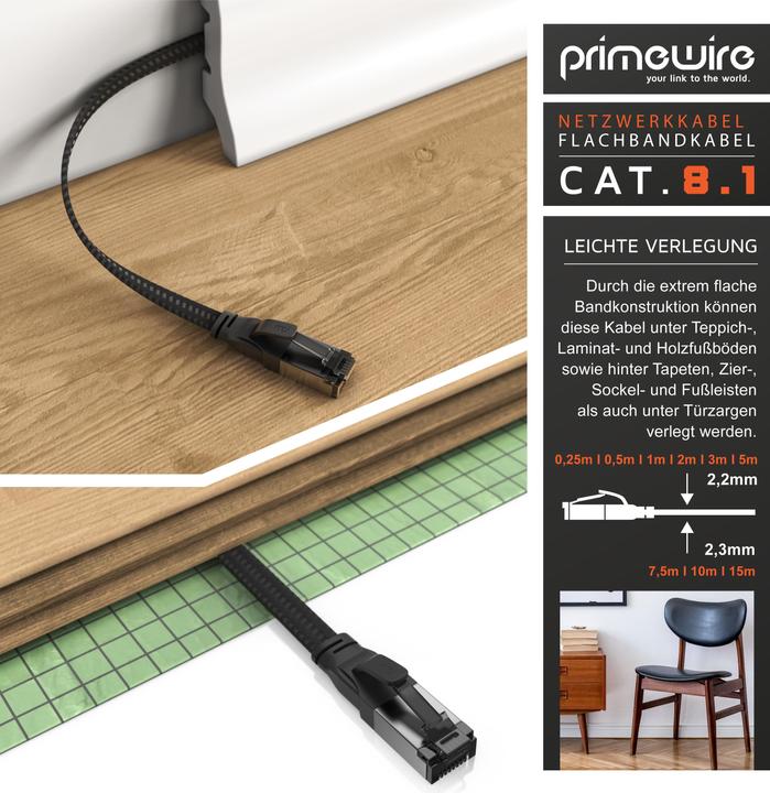 Produktbild Primewire LAN Kabel CAT.8, RJ-45, Ethernet CAT 8.1 Netzwerkkabel Flach 40 Gbits, Baumwollmantel Patchkabel (U/FTP, CAT8.1, 0.50 m)
