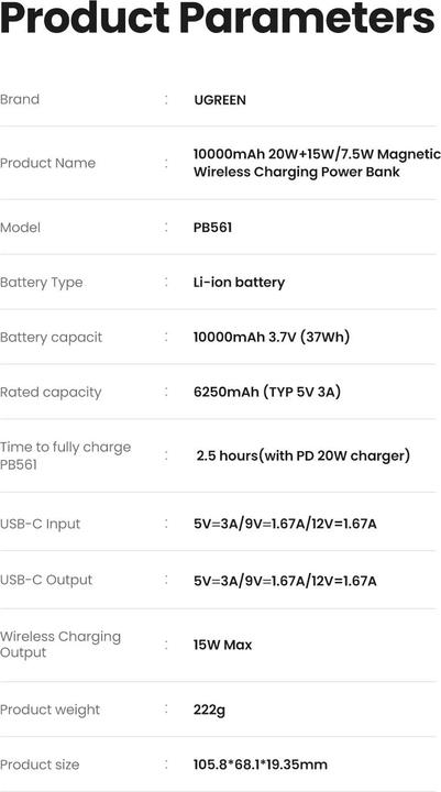 Actual product image Ugreen Mini Powerbank Wireless with MagSafe (10000 mAh, 20 W, 37 Wh)
