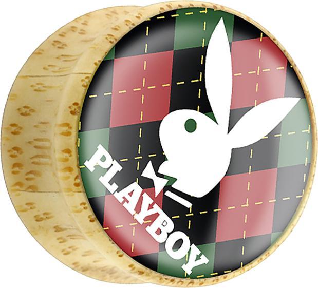 Star Piercing Flared Plug aus Bambusholz Playboy Bunny auf rot grünem grund (Mineralisch, ohne Messing, Organisch)