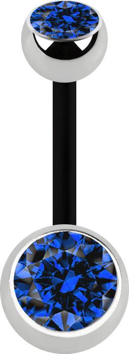 Star Piercing Banane schwarz mit zwei Kugeln silber Kristall dunkelblau (ohne Messing, Chirurgenstahl 316L, Bioflex)