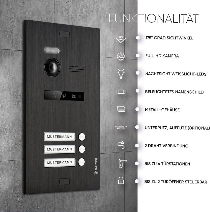 Produktbild Balter EVO-HD Video Türsprechanlage, 3-Familienhaus, mit 175° Weitwinkel-Kamera (Kabelgebunden)