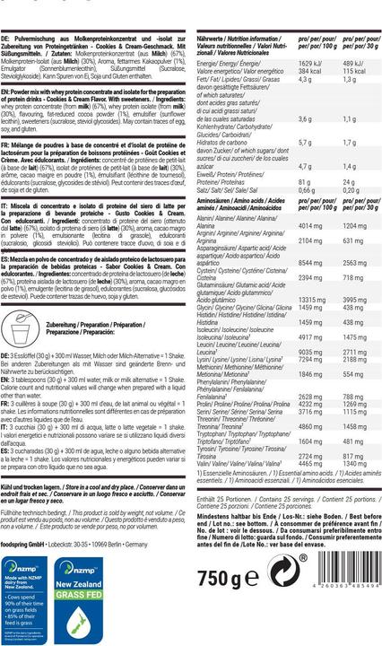 Nutritional values and ingredients Foodspring Whey protein (Cookies & Cream, 1 pcs., 750 g)