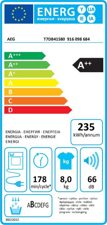 Energy Label AEG T7DB41580 - Tumble dryer - 7000 SENSIDRY® - 8 KG ( EEK: A++ / Scale A+++ to D ), 916098684 (8 kg, Left)