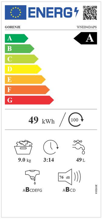 Label énergétique Gorenje Machine à laver (9 kg, Droite)