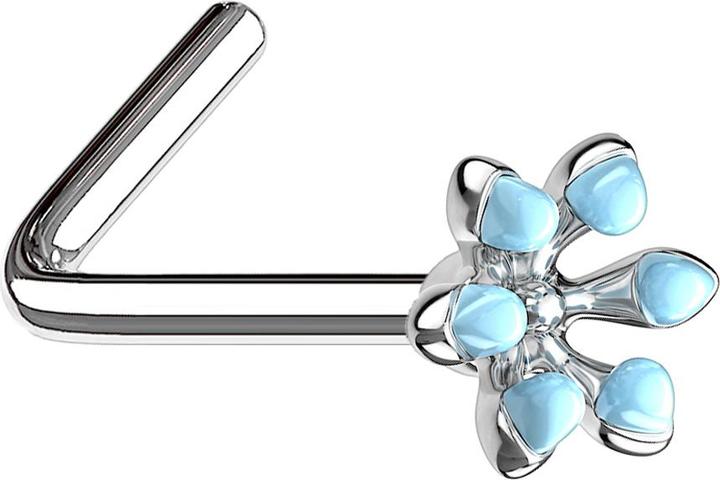 Star Piercing Nasenstecker gewinkelt silber emaille Blume aqua (Chirurgenstahl 316L, Messing)