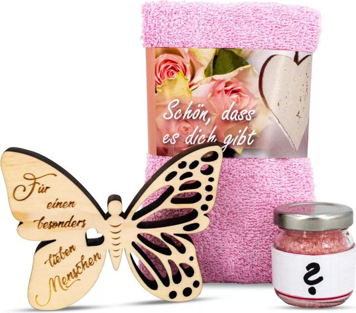 Immagine prodotto ZNatur Set regalo farfalla in legno di cembro con incisione Lieber Mensch sali da bagno e asciugamano No.39 (Set per la cura del corpo)