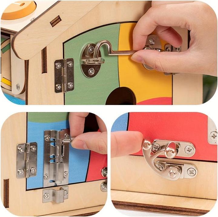 Actual product image Activity Board Busy House, early education for home enlightenment, Busy House made of wood, 14-in-1 learning toy