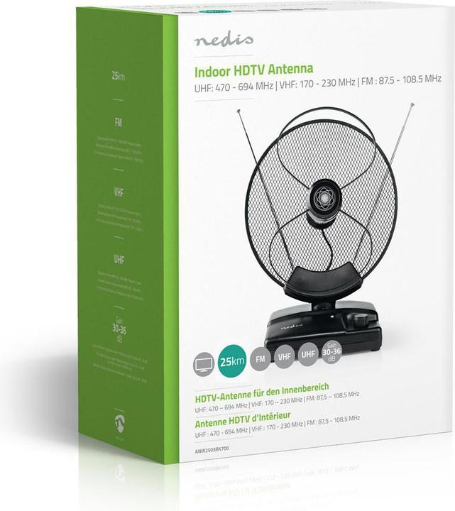 Produktbild Nedis ANIR2503BK700 - Pokojová HDTV Anténa | 0–25 km | Zesílení 30–36 dB | FM/VHF/UHF | Černá (Zimmerantenne, 36 dB, DVB-T / -T2, LTE)