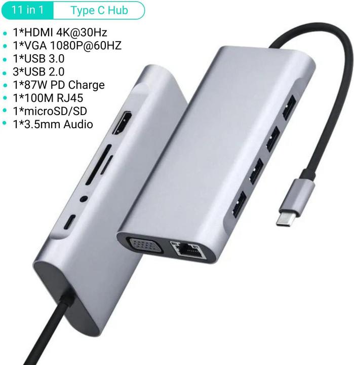 Produktbild Hermex Dockingstation Multi USB-Hub USB-C 11in1 USB-A HDMI microSD/SD RJ45 AUX VGA (USB-C, 11 Ports)
