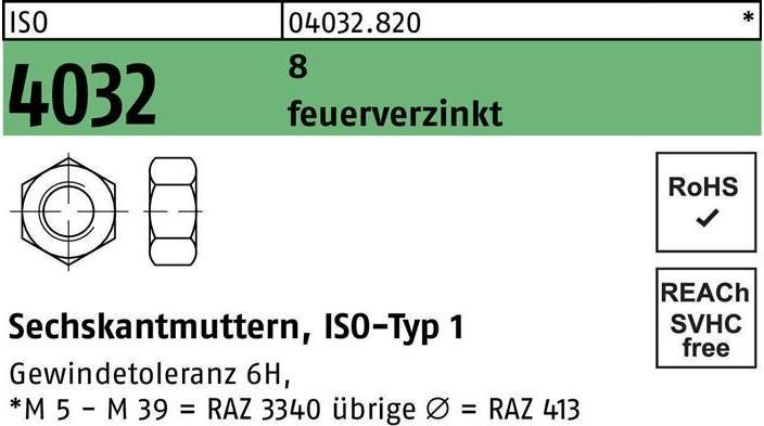 Productafbeelding Bufab Zeskantmoer ISO 4032 M 8 8 thermisch verzinkt (M8)
