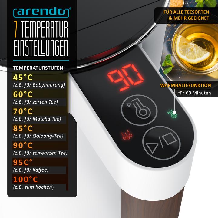 Actual product image Arendo Wasserkocher 1,5 L Edelstahl, Warmhaltefunktion, Temperatureinstellung, Griff in Holzoptik, 2200 W (1.50 l)
