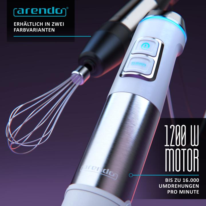 Produktbild Arendo Stabmixer 1200W, Pürierstab Edelstahl Set mit Messbecher, Zerkleinerer, Schneebesen, DC Motor, Weiss