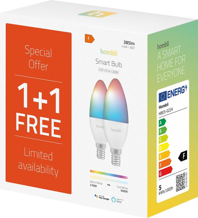 Actual product image Hombli Smart Bulb (E14, 4.50 W, 385 lm, 2 x, F)
