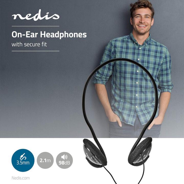 Immagine prodotto Nedis Cuffie on-ear con cavo da 3,5 mm Lunghezza cavo: 2,10 m Nero 2,10 m Nero, Taglia unica (Cablato)