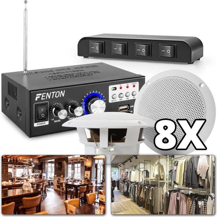 Power Dynamics with 8 plafondspeakers, 4-zone switch, amplifier with Bluetooth and cables for restaurant, wave