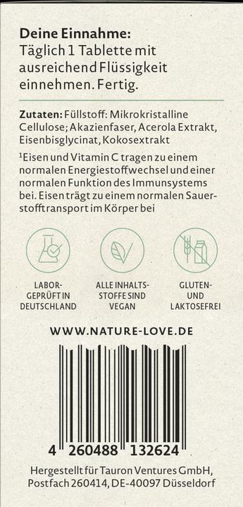 Nutritional values and ingredients Nature Love Iron & Vitamin C (60 Piece, 45 g)