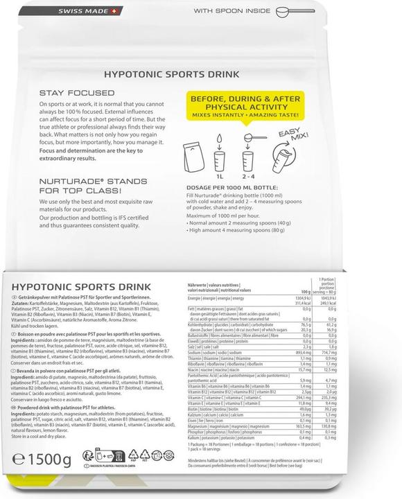 Nährwerte und Zutaten Nurturade Focus LEMON Hypotonic Sports Drink Pulver (Zitrone, 1 x)