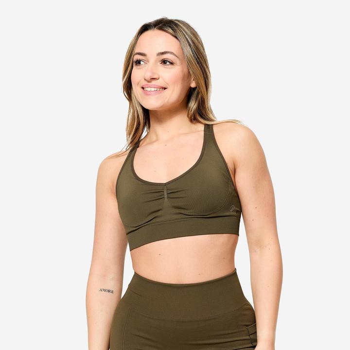 Image du produit Domyos Brassière bretelles croisées maintien léger Femme, vert kaki (M)