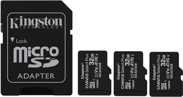 Produktbild Kingston Canvas Select Plus microSD 32GB Multi-Pack of 3 (32 GB, microSDHC, U1, UHS-I)