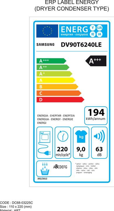 Energy Label Samsung Tumble dryer DV6000 9kg (9 kg, Right)