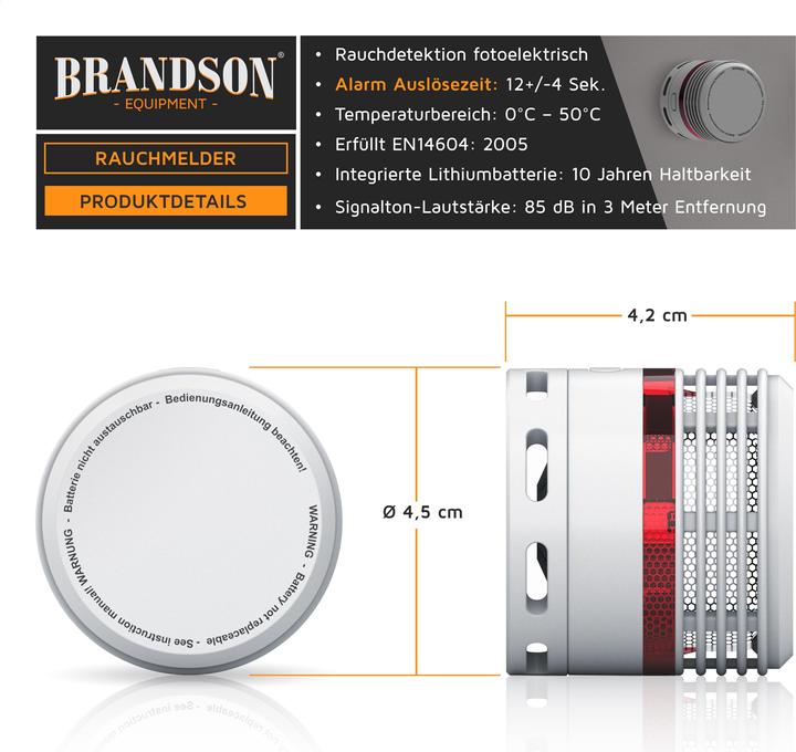 Image du produit Brandson Détecteur de fumée, 10 ans de batterie Li-Ion, volume 85dB, LED, bouton test, EN14604 & TÜV Certifié