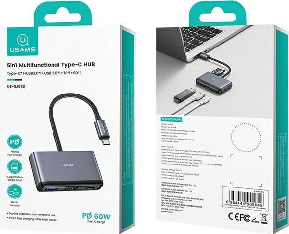 Actual product image Usams US-SJ628 5in1 Multifunctional Type-C HUB Type-C*1+USB3.0*1+USB 2.0*1+TF*1+SD*1 (USB-C, 5 Ports)