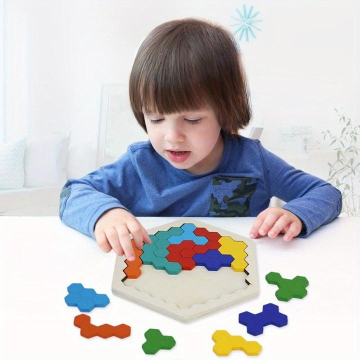 Produktbild Activity Board 3D Sechseckiges Holzpuzzle für Kinder - Gehirnförderndes Tangram-Spiel, IQ-Test-Spielzeug für