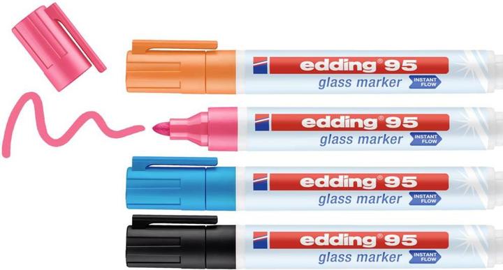 Produktbild Edding 95 Glasboardmarker farbsortiert 1,0 - 5,0 mm, 4 St. (Rosa, Hellblau, Orange, Schwarz, 3 mm, 4 x)