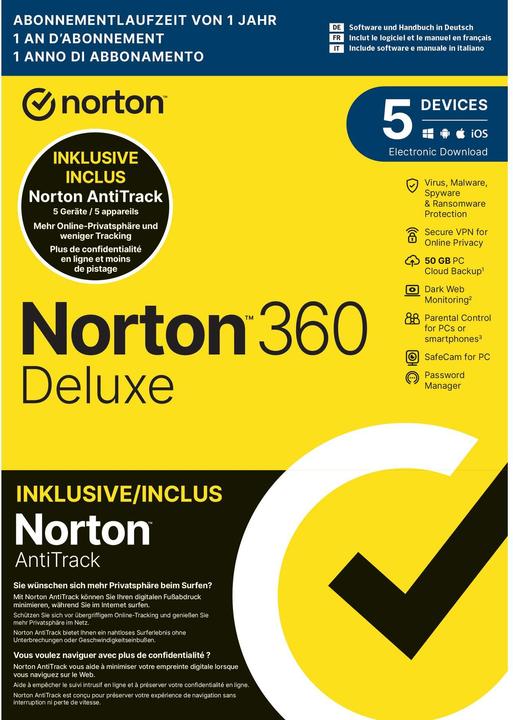 Actual product image Norton 360 Deluxe + AntiTrack Bundle Box, 5 Dev., 1yr, 50GB Cloud (5 User, 12 months)