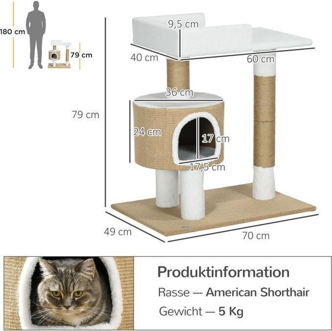 Produktbild Swisshandel24 kleiner Kratzbaum 79 cm mit Katzenhöhle, mit Liegefläche, bis zu 8 kg, Weiss, Kaschmir-Imitat (79 cm, Braun und Weiss)