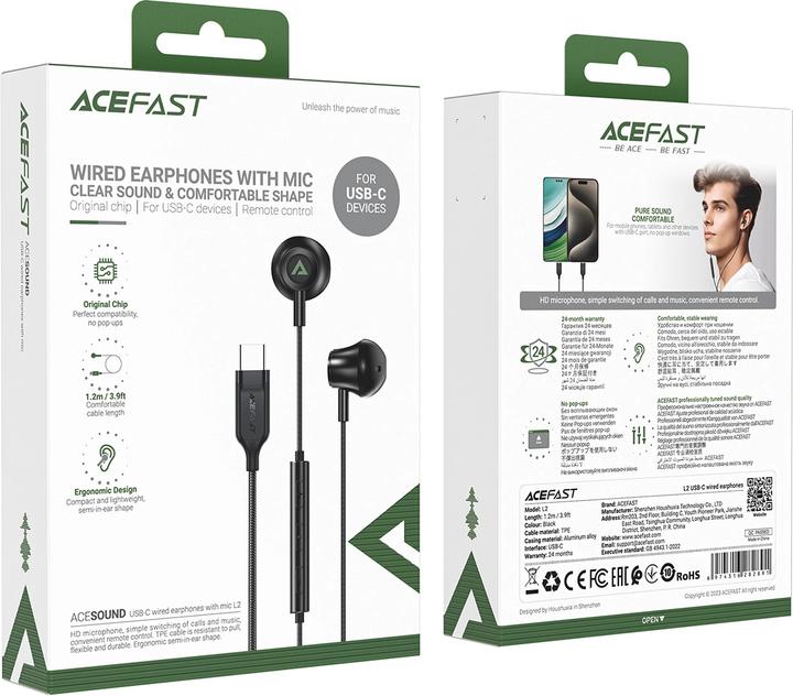 Actual product image Acefast L2 in-ear headphones with USB-C connector, microphone and remote control 1.2 m - black (Cable)