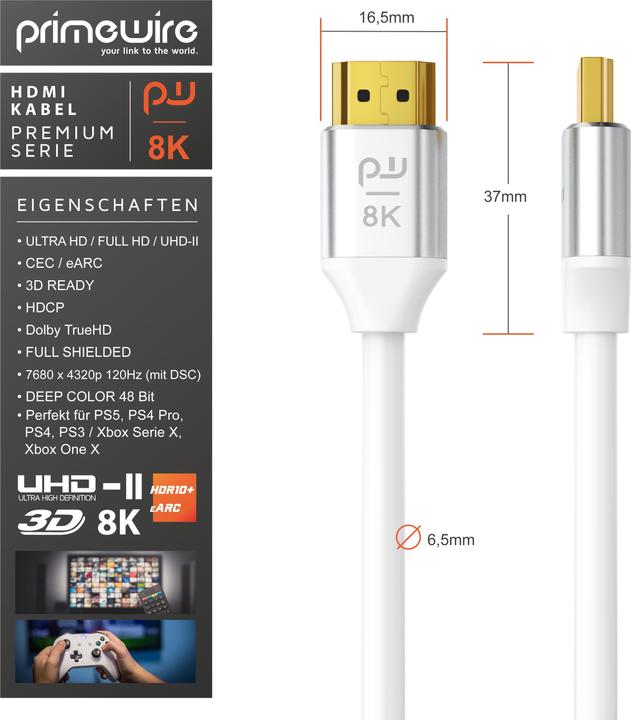 Actual product image Primewire HDMI Cable 2.1, 8K 60 Hz, Premium Ultra HD, High Speed 7680 x 4320 @ 120 Hz - 4k @ 240 Hz with DSC (3 m, HDMI)