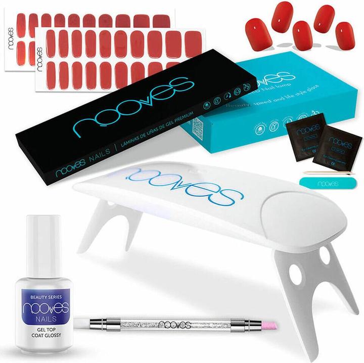 Immagine prodotto Nooves Starter Kit di Bellezza Rosso con 2 Gel Nail Foils + Asciugatore UV/LED + Gel Top Coat Glossy + Quar (Rosso, Smalto per unghie effetto gel)