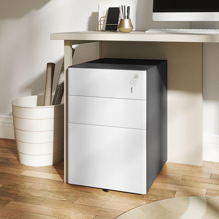 Immagine prodotto Swisshandel24 Rollcontainer, mobiler Aktenschrank mit 3 Schubladen, abschliessbar, 39x48x59cm, weiss+grau (39 x 48 x 59 cm)