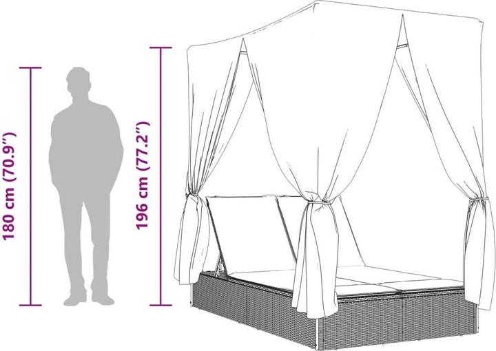 Produktbild VidaXL Doppelliege Sonnenliege Gartenliege mit Dach Vorhängen Beige Poly Rattan (114 cm)