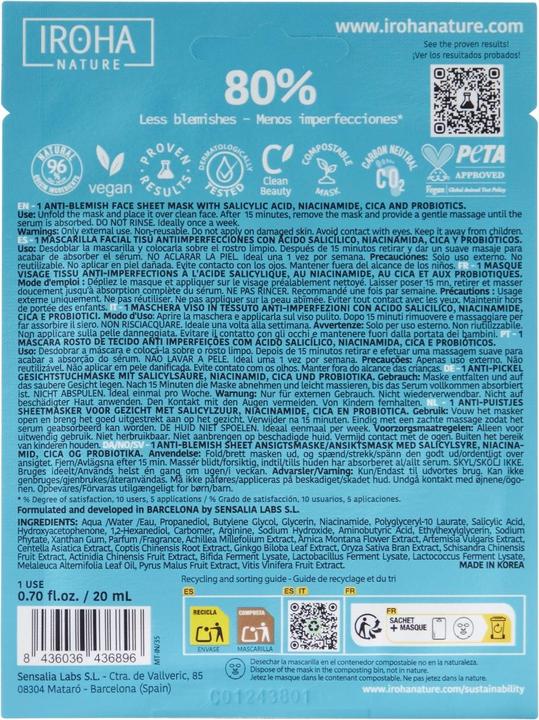 Valori nutrizionali e ingredienti Iroha Nature Maschera viso anti-macchie con Acido Salicilico, Niacinamide, Cica e Probiotici