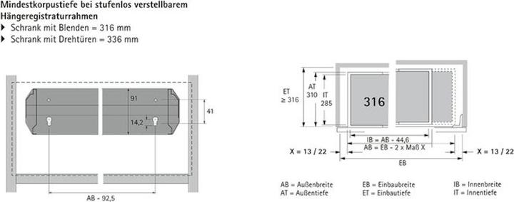 Produktbild Hettich Systema Top 2000 Hängeregistratur-Rahmen 368-540 / 316 mm schwarz (1 Stk.)