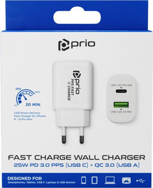 Produktbild prio Fast Charge Wall Charger 25W PD PPS (USB C)+QC 3.0 (USB A) white (25 W)