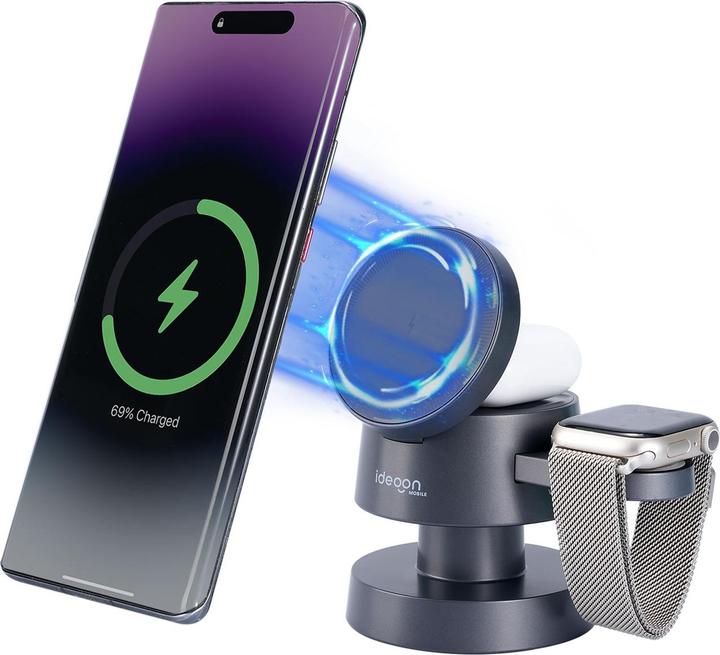 Image du produit Ideoon 3-in-1 Drahtlose Ladestation, komp. mit AirPods & Apple Watch, schwarz (15 W)