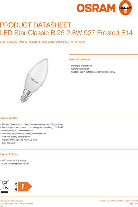 Productafbeelding Osram LED Klassieke Lampen Mat (E14, 2.80 W, 245 lm, 1 x, F)