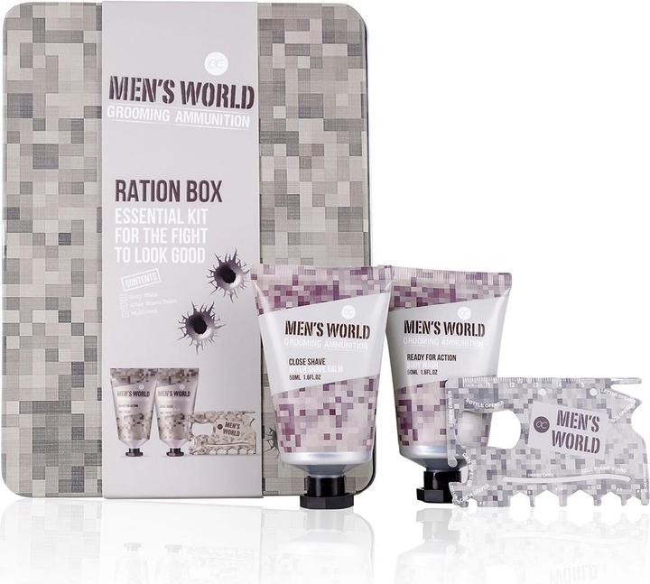 Accentra Badeset MEN'S WORLD in Geschenkbox aus Blech, inkl. 50ml Body Wash, 50ml After Shave Balm, Multi-Too (Bartpflege set)
