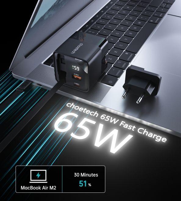Actual product image Choetech USB Ladegerät mit zwei Anschlüssen und einziehbarem Kabel (65 W)