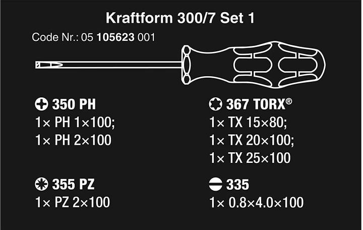 Image du produit Wera Jeu de tournevis Kraftform 300/7 (Torx (TX), Cruciforme PZ, Recouvrement cruciforme Phillipps (PH))