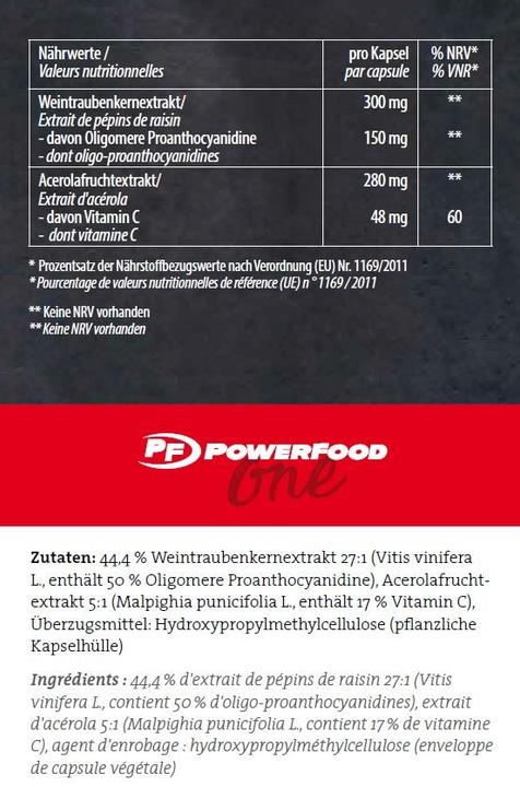 Nutritional values and ingredients PowerFood One Opc (120 Piece, Capsules, 585 g)